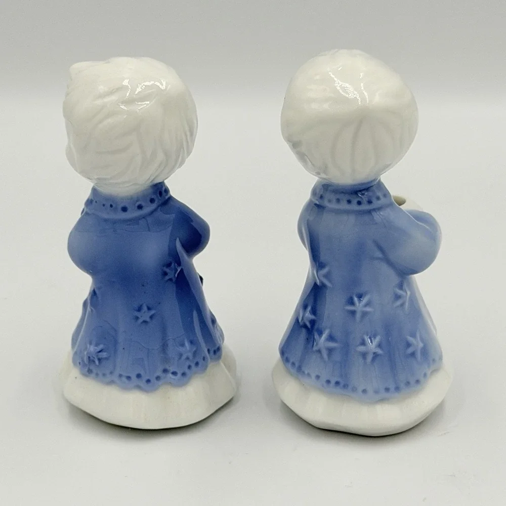 VTG Christmas Caroler Candle Holders Blue White Ceramic Figurines Set of 4